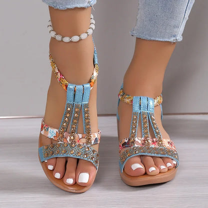 Women's Bohemian Wedge Sandals – Rhinestone Peep Toe Platform Casual Summer Beach Shoes