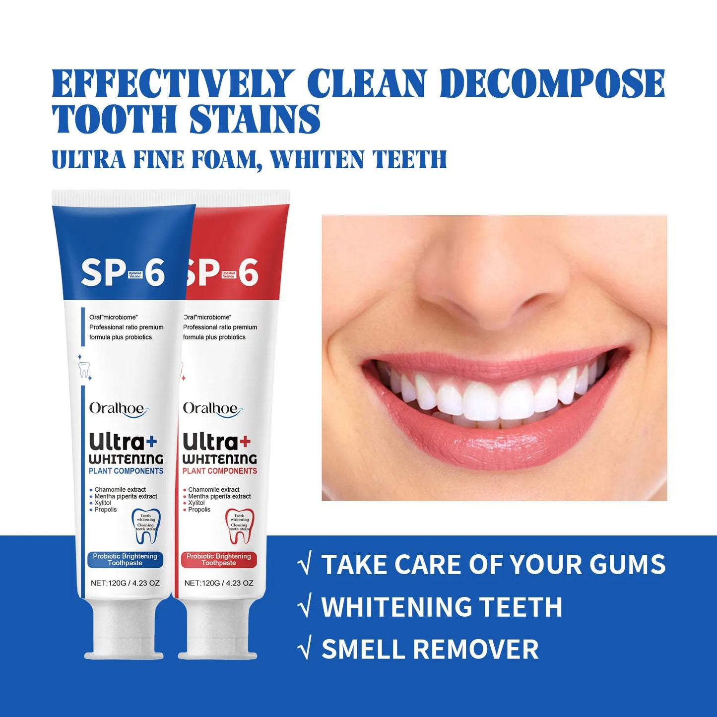 SP6 Probiotic Whitening Toothpaste – Stain Removal, Fresh Breath & Yellow Teeth Reduction for Daily Oral Care