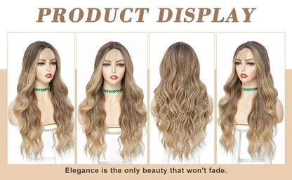 26-Inch Synthetic Ombre Blonde Wavy Wig for Women — Long Middle Part Curly, Heat-Resistant Natural-Look Hair