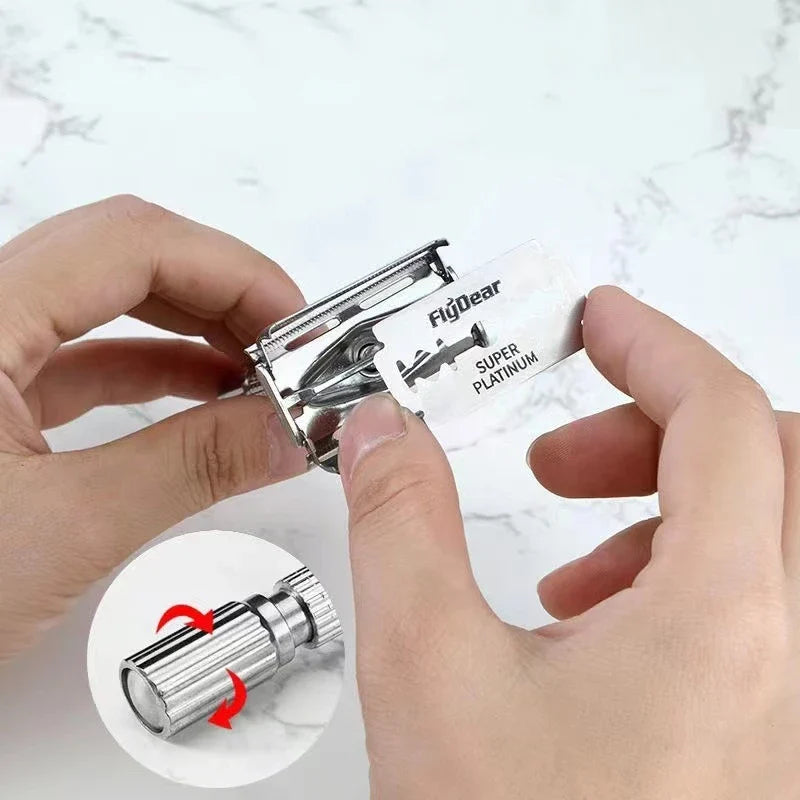 Men’s Shaving Razor with Blade – Silver Folding Stainless Steel Straight Razor for Facial Hair, Barber Shaving Tool with Holder