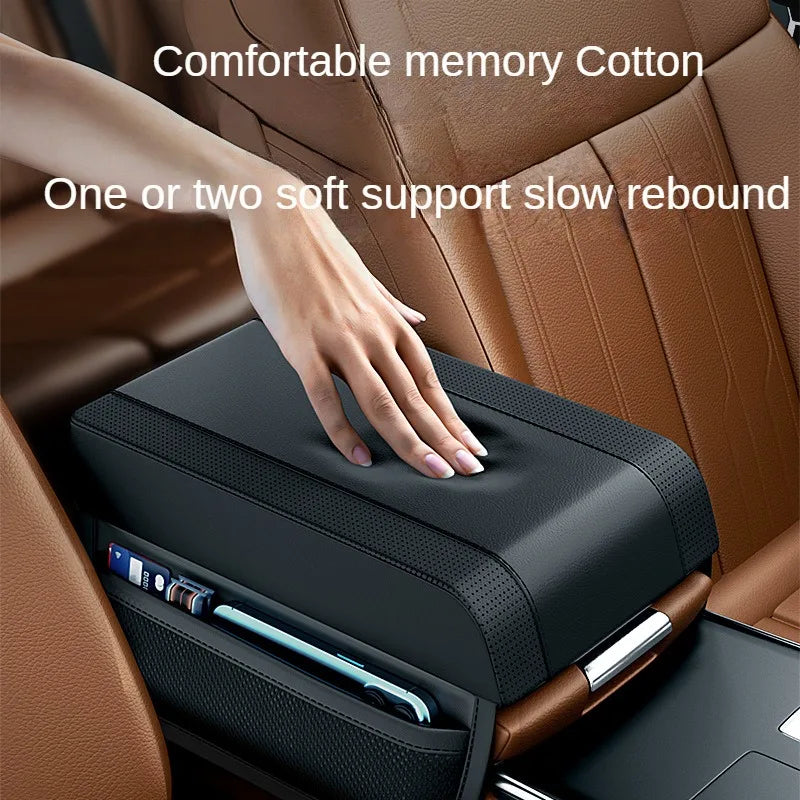 Universal Car Armrest Box Height Pad - Leather Cushion with Pocket, Central Memory Cotton Elbow Support, Armrest Storage