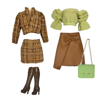 Elegant 1/6 Doll Outfit – Pink Houndstooth Dress, Hat, Gold Belt, Handbag & Shoes Set