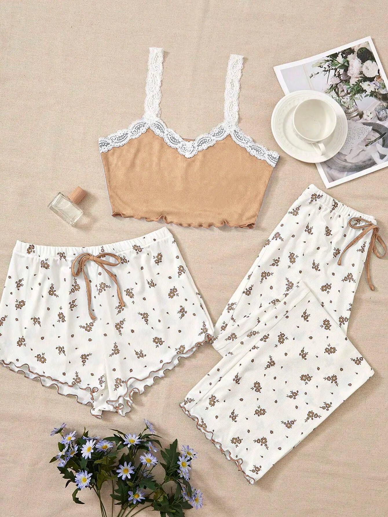 Women's 2-Piece Pajama Set – Pink Lace V-Neck Cami Top & Printed Shorts Sleepwear Loungewear