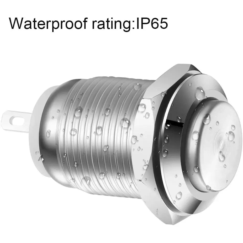 6PCS 12mm Momentary Push Button Switch – 12V Waterproof Chrome Stainless Steel, 2-Pin N/O Power Button