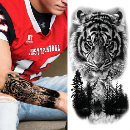 Full Arm Temporary Tattoo Sleeve - Realistic Warrior Lion Tiger Flower & Maori Design Fake Tattoos