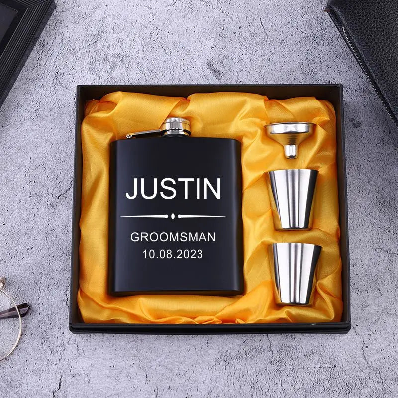 Personalized 6oz Stainless Steel Hip Flask – Engraved Gift for Best Man, Groom, Wedding with Custom Logo & Gift Box