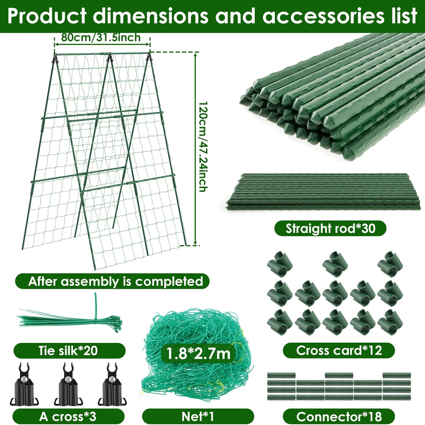 A-Frame Garden Trellis Kit - Rustproof Vegetable Climbing Support with Net for Cucumbers & Outdoor Plants