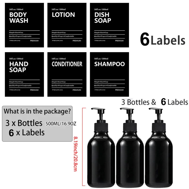 3 Pack 500ml Soap Dispenser Bottles with Labels – Kitchen & Bathroom Shampoo, Conditioner, Liquid Soap Containers