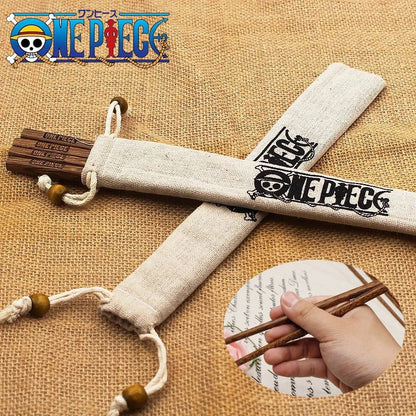 2 Pairs ONE PIECE Wooden Chopsticks – Anime Cartoon, Non-Slip, Reusable Tableware for Lunch, Sushi, with Belt Bag Accessory