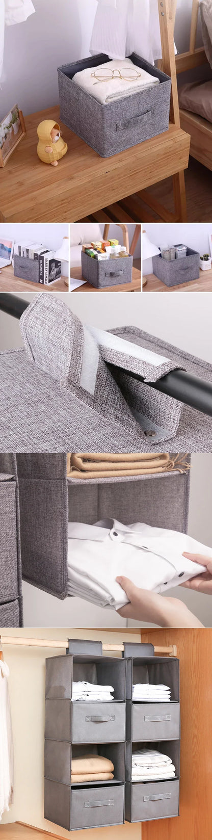 Cotton Linen Hanging Storage Bag with Drawers — Collapsible Wardrobe Organizer Box and Clothes Holder Shelves