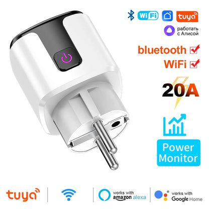 WiFi 20A Smart Socket with Power Monitoring – Tuya EU Plug Timer, Child Lock Outlet Compatible with Google Home, Alexa & SmartThings