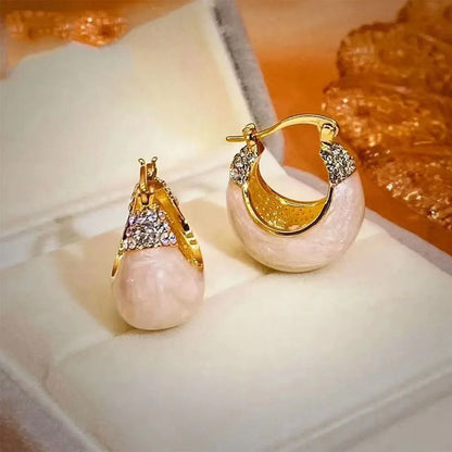 French Retro Drop Earrings – Glazed Semi-Circular Zircon Inlaid Luxury Earrings for Women, Perfect Party Jewelry