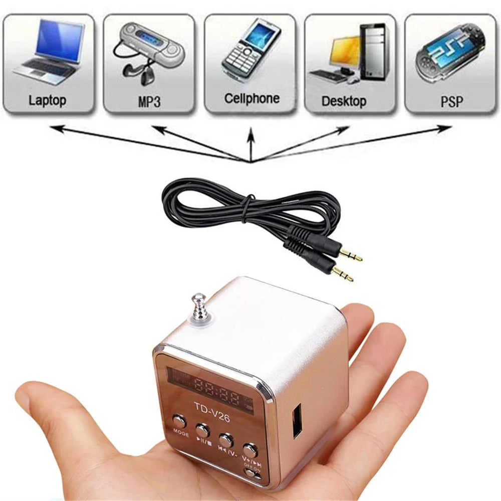 TD-V26 Portable Digital FM Radio & Wireless Speaker — Mini Stereo Receiver with LCD Display, SD/TF Card Support