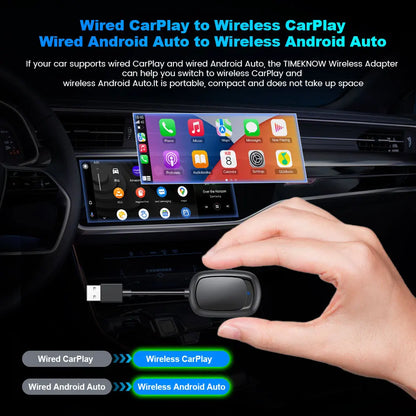 TIMEKNOW 2 in 1 Wireless CarPlay and Android Auto Mini Box – USB/Type C Dongle, Wired to Wireless Adapter