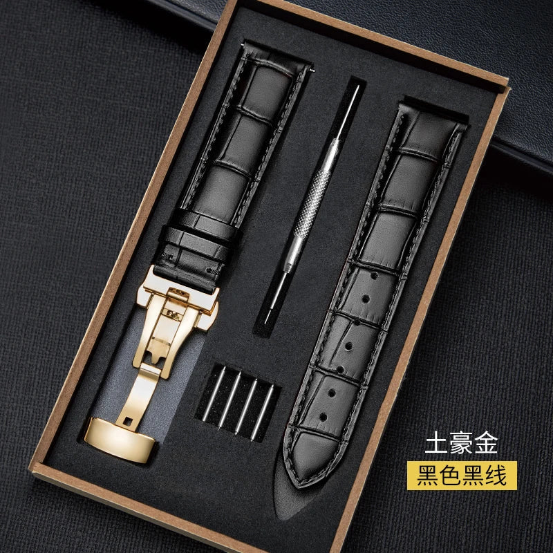 Genuine Leather Watch Strap with Wooden Box – Butterfly Clasp Bracelet 18-24mm Wristband