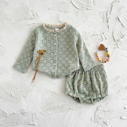Summer European Style Baby Onesie Set – Floral Embroidery Long Sleeve Top & Shorts, Breathable 2-Piece Outfit