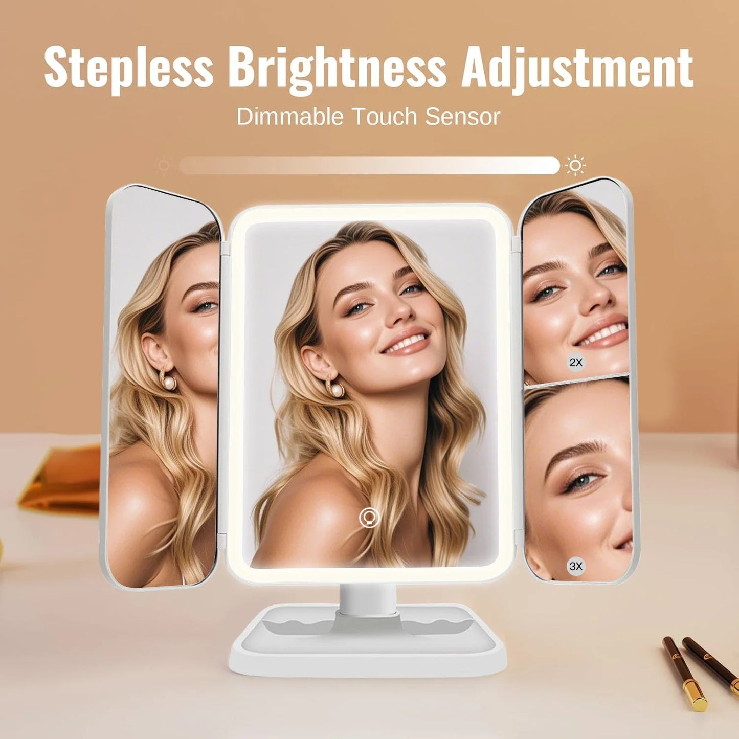 Trifold LED Makeup Mirror – Smart Light-Up Dressing Mirror with Adjustable Fill Light for Beauty & Dorm Use