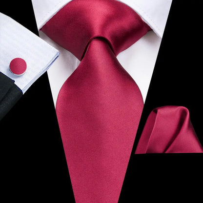 Hi-Tie Red Burgundy Plaid Silk Tie Set — Designer Men’s Necktie with Handkerchief & Cufflinks for Wedding or Business
