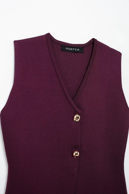 TRAFZA 2025 Women’s Wine Red Skirt Set – Knitted V-Neck Vest with High Waist Zipper Patchwork Long Skirt