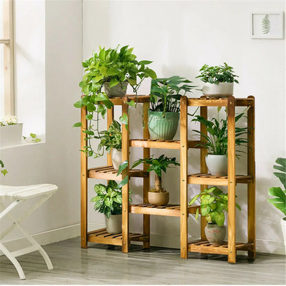 10-Pot Multi-Tier Bamboo Plant Stand – Indoor Outdoor Bonsai & Flower Display Shelf Rack