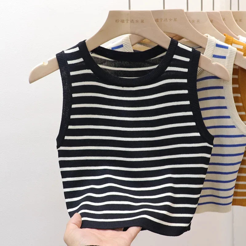 Women's Striped Sleeveless Tank Top — Knitted Crop Summer & Spring Casual Slim Fit Vest Camis