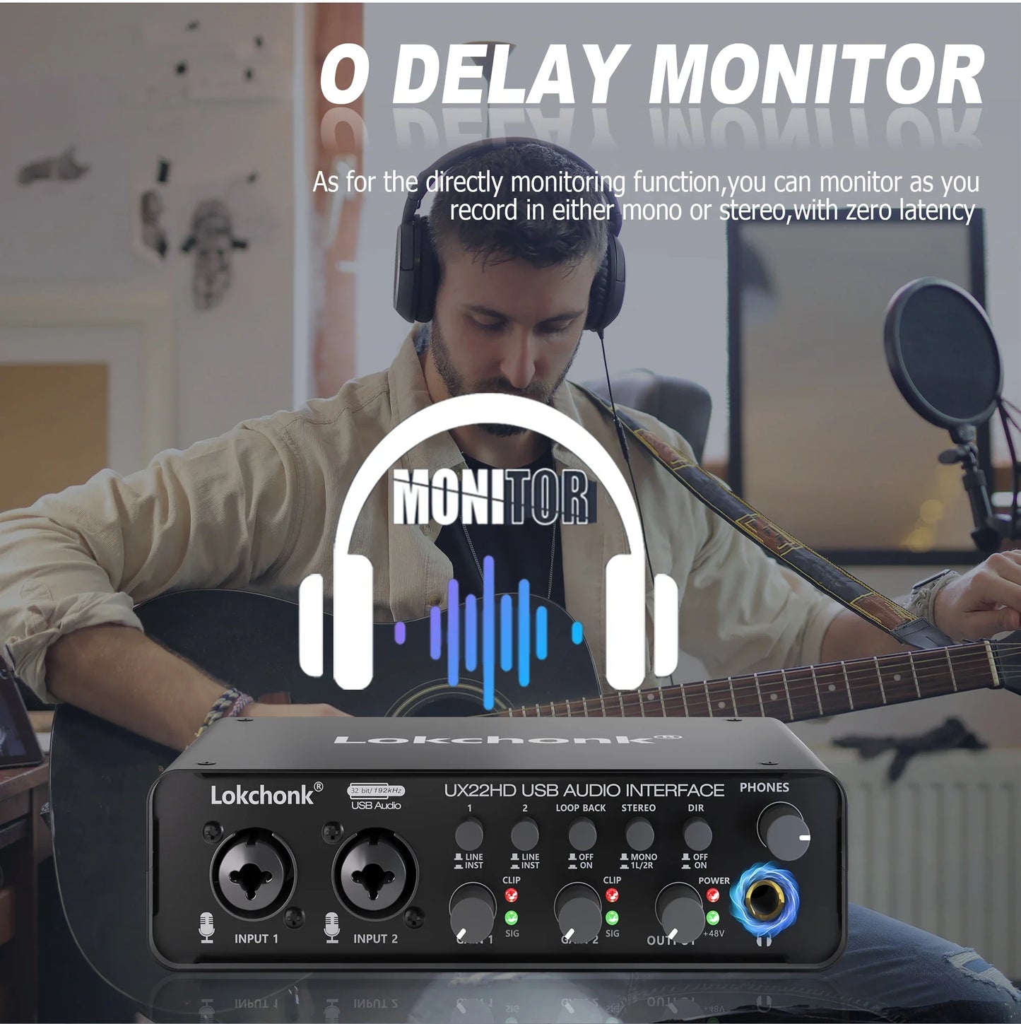 UX22 Audio Interface Sound Card – 32-bit/192KHz AD Converter for Electric Guitar, Live Recording, Studio Singing & Podcast