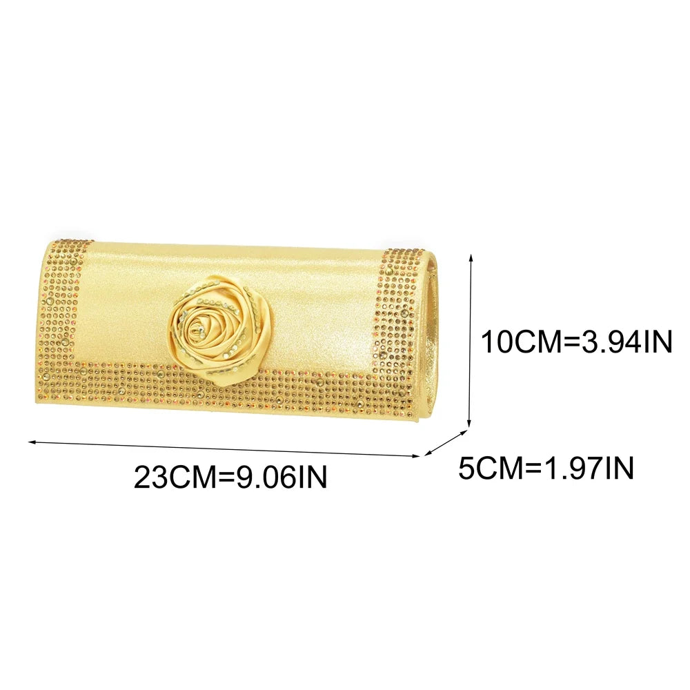 Women's Rhinestone Shoe & Bag Set - Nigerian Party Pumps with Handmade Flower Matching Bag
