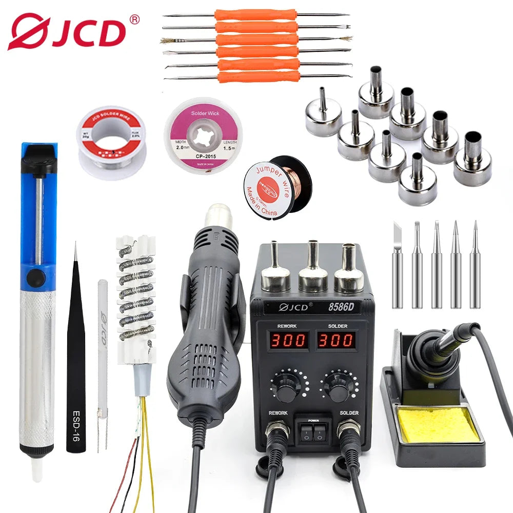 JCD 8586D 2-in-1 750W Soldering Station with Hot Air Gun – LCD Digital Display Electric Soldering Iron for SMD Welding & Rework