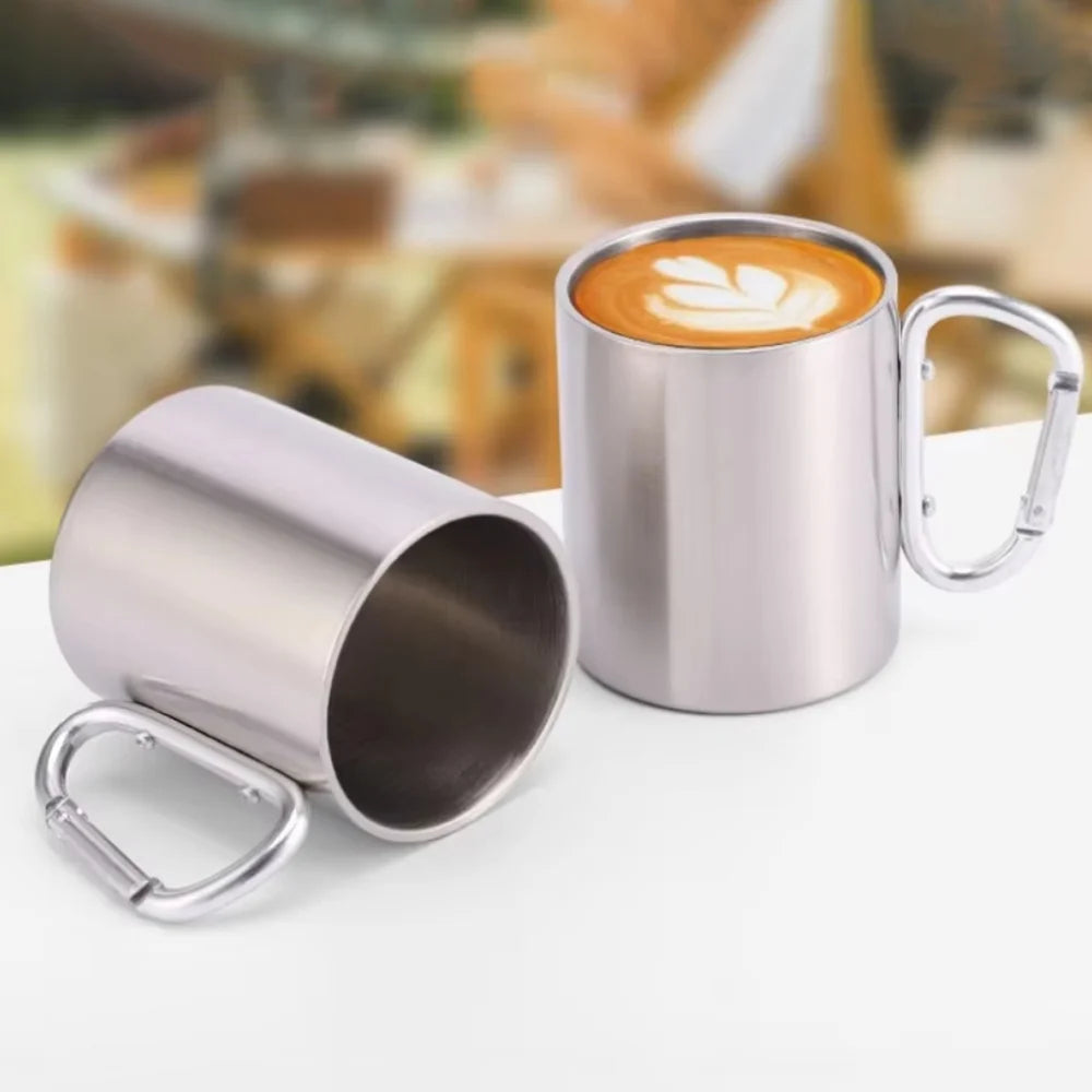 Stainless Steel Camping Mug with Carabiner Handle – Portable Outdoor Travel Water Cup for Hiking, Picnic & Adventure Use