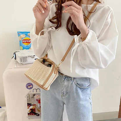 Summer Small Straw Handbag — Trendy Woven Bucket Crossbody Shoulder Bag, Casual Beach Tote for Girls