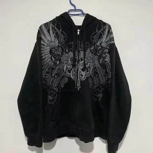 Women's Y2K Fleece Zipper Hoodie – Loose Fit Streetwear Punk Sweatshirt | Trendy Hip Hop Couple Style