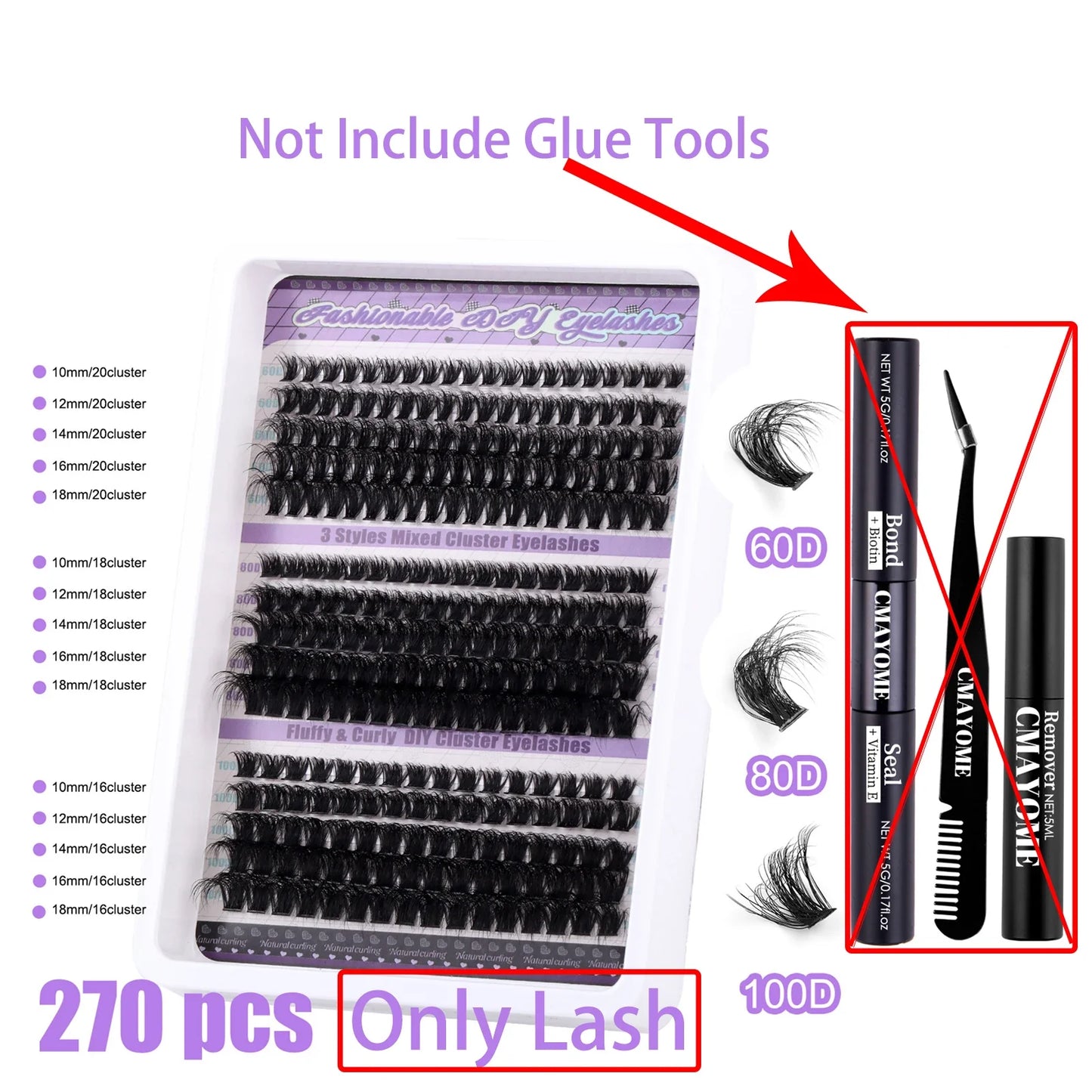270pcs Individual Cluster Lashes — Fluffy Volume False Eyelashes with Bond & Seal Glue Kit, 60D/80D/100D Extensions
