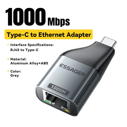 Essager Type-C to Ethernet Adapter – 100/1000Mbps Gigabit RJ45 to Type-C Adapter for MacBook, Laptop Wired Network Card