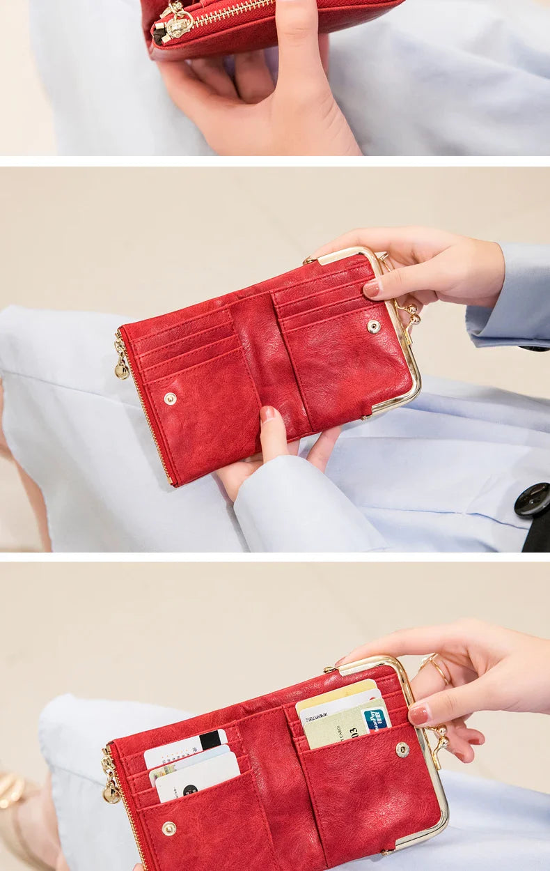 MIYIN Women’s Small Wallet – RFID Compact Bifold Leather Coin Purse with Zipper & Kiss Lock, Vintage Design