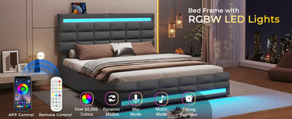 LED Full Size Bed Frame – Upholstered Platform Bed with LED Headboard & Footboard, Square Stitched Tufted Design