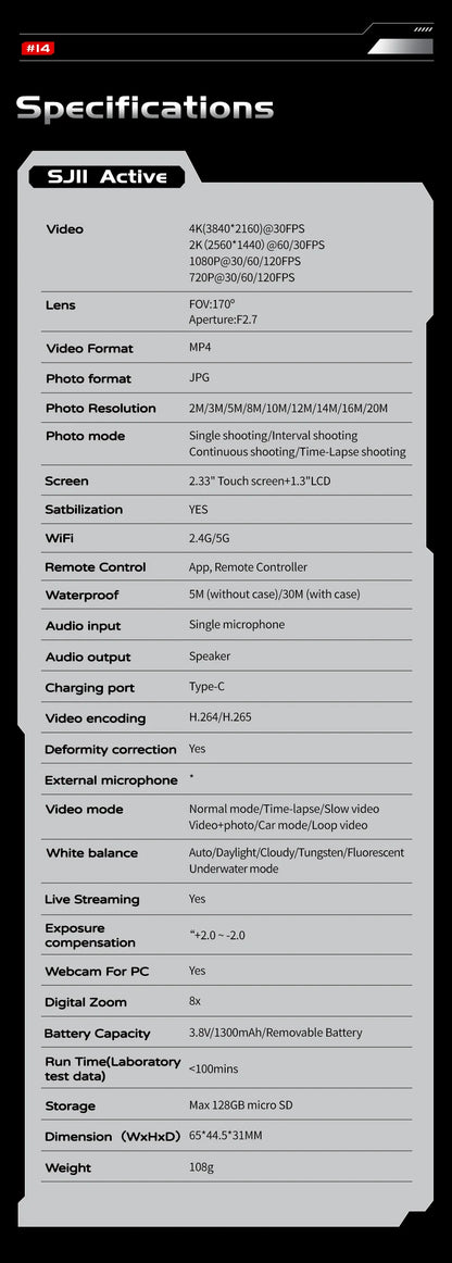SJCAM SJ11 Active 4K Action Camera – 2.33" Touch Screen, Waterproof, 5G WiFi, Active HDR Sport Camera