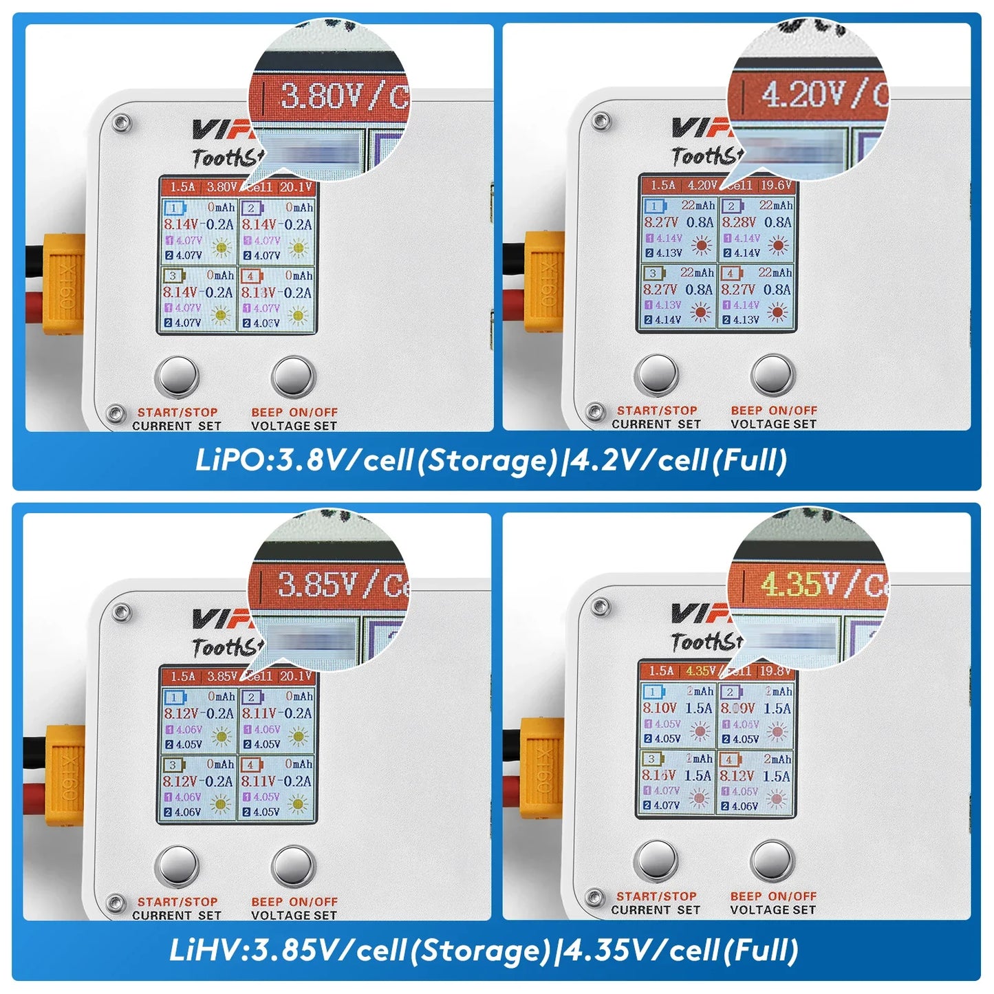 VIFLY ToothStor 4-Port 2S Balance Charger – LCD Display with Storage Mode for LiHV/LiPo RC FPV Racing Drone Batteries