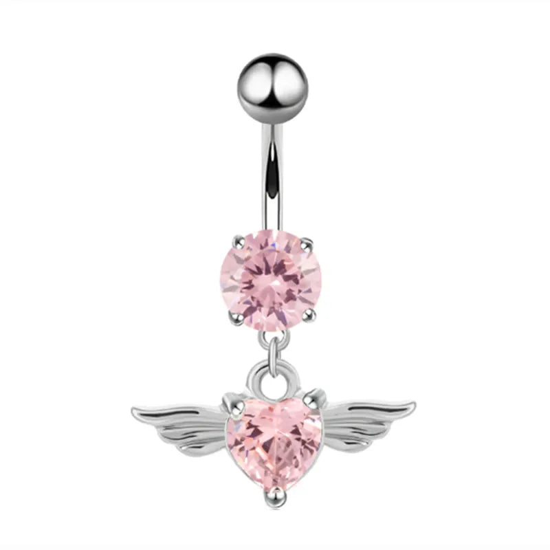 Pink Crown Belly Button Ring – Stainless Steel Heart Navel Piercing Barbell with Crystal for Women & Girls