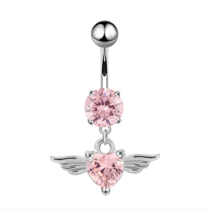 Pink Crown Belly Button Ring – Stainless Steel Heart Navel Piercing Barbell with Crystal for Women & Girls