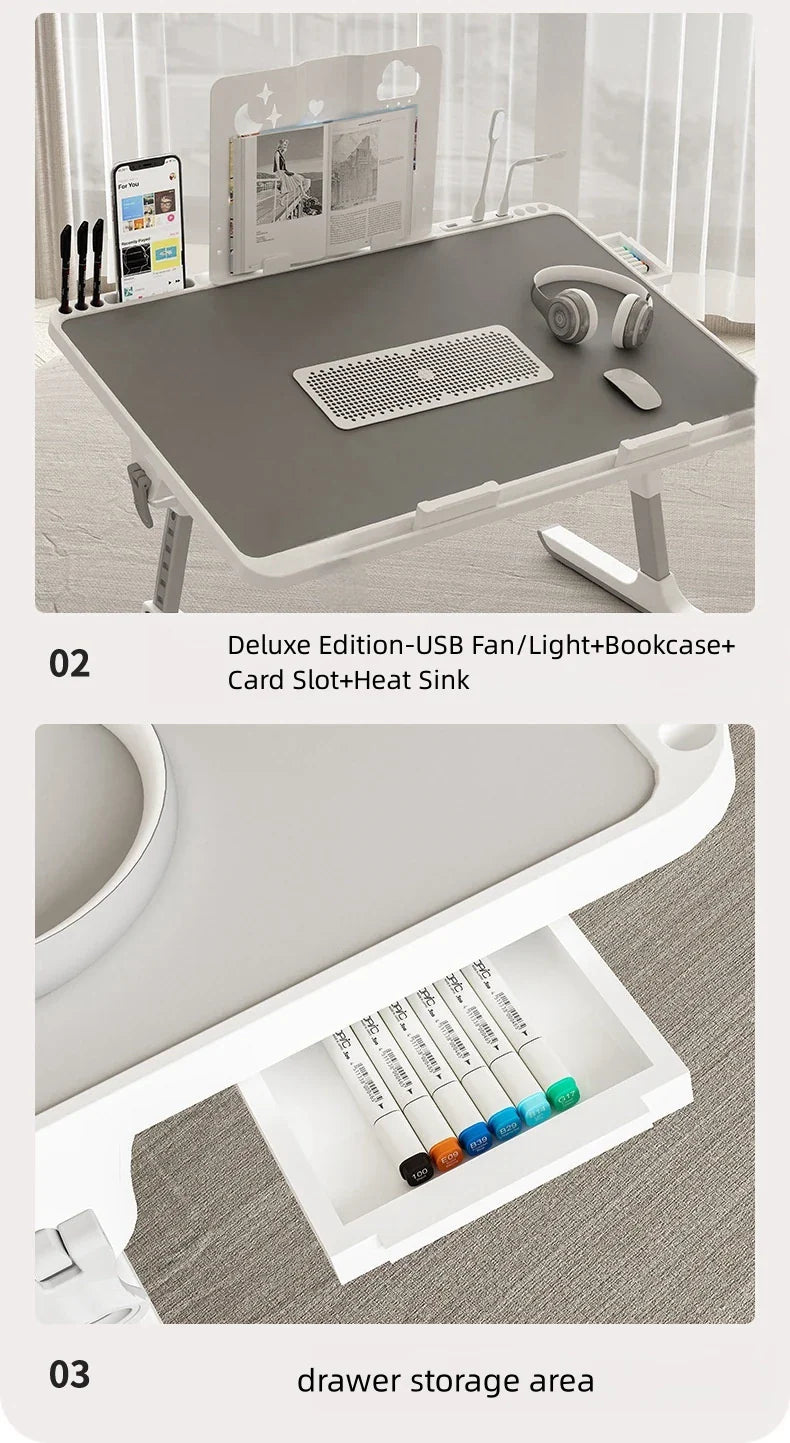 Adjustable Laptop Bed Tray Table – Portable Foldable Standing Desk with Storage Drawer for Sofa & Lap Use