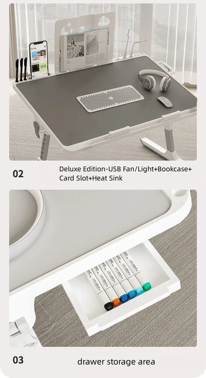 Adjustable Laptop Bed Tray Table – Portable Foldable Standing Desk with Storage Drawer for Sofa & Lap Use