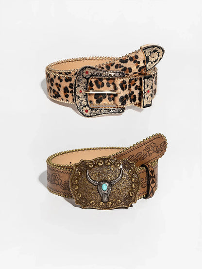Vintage Gemstone Buckle Waist Belt - Leopard Floral Embossed Design with Pearl Edge for Women