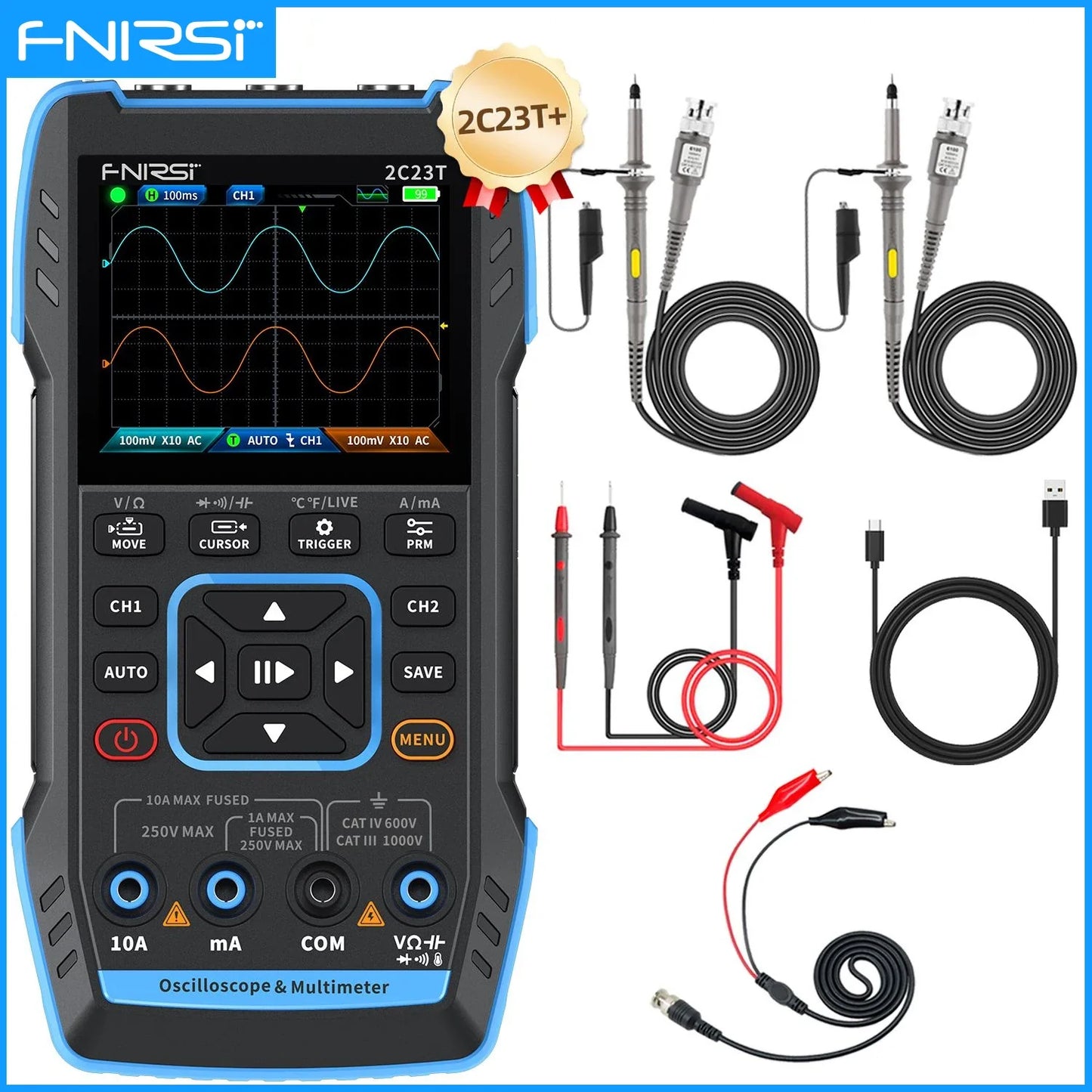 FNIRSI 2C23T / 2C53T 50MHz Handheld 3-in-1 Digital Oscilloscope Multimeter Signal Generator Dual Channel Automotive Diagnostic Tool