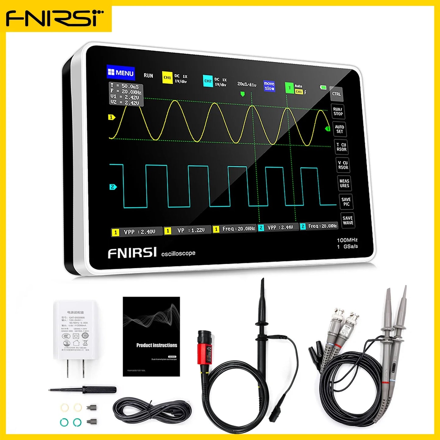FNIRSI-1013D Digital Tablet Oscilloscope | Dual Channel 100MHz Bandwidth, 1GS/s Sampling Rate | 7" Mini Touchscreen Scope