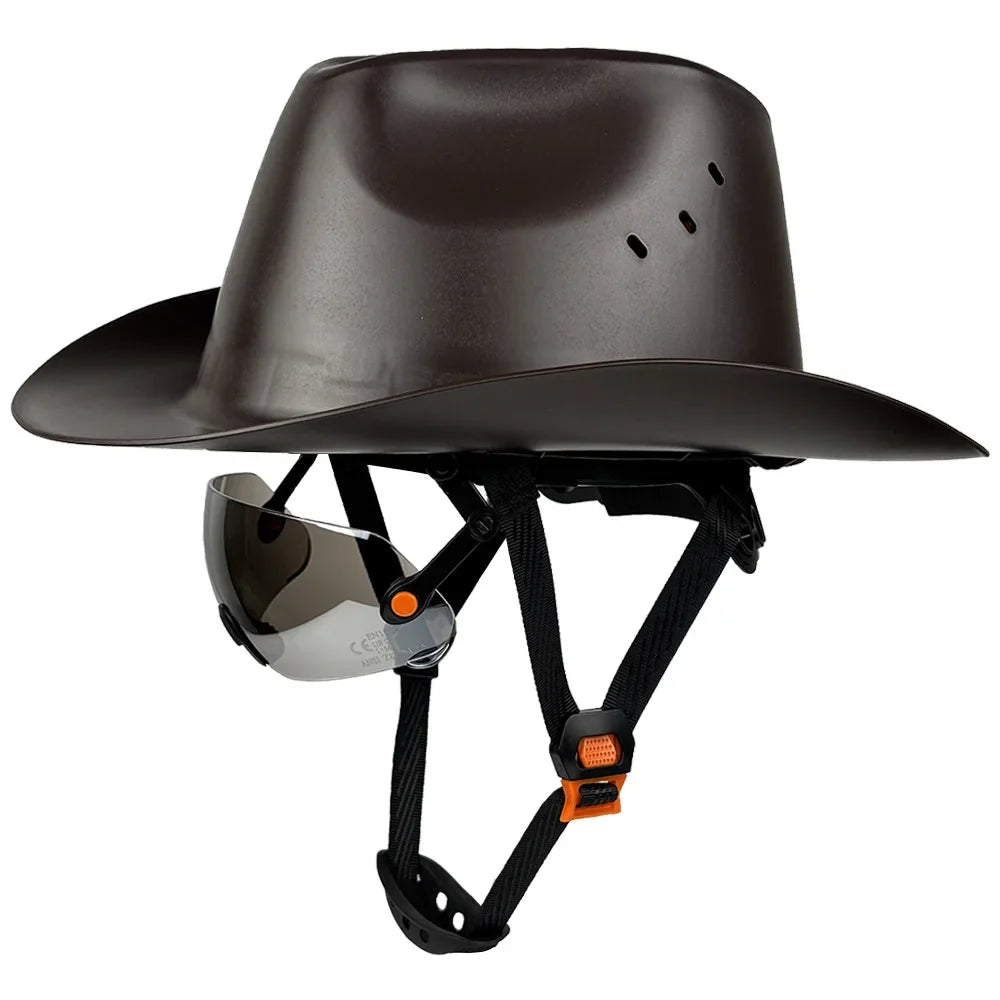Cowboy Safety Helmet with Sunglasses - Wide-Brim HDPE Hard Hat for Construction Work