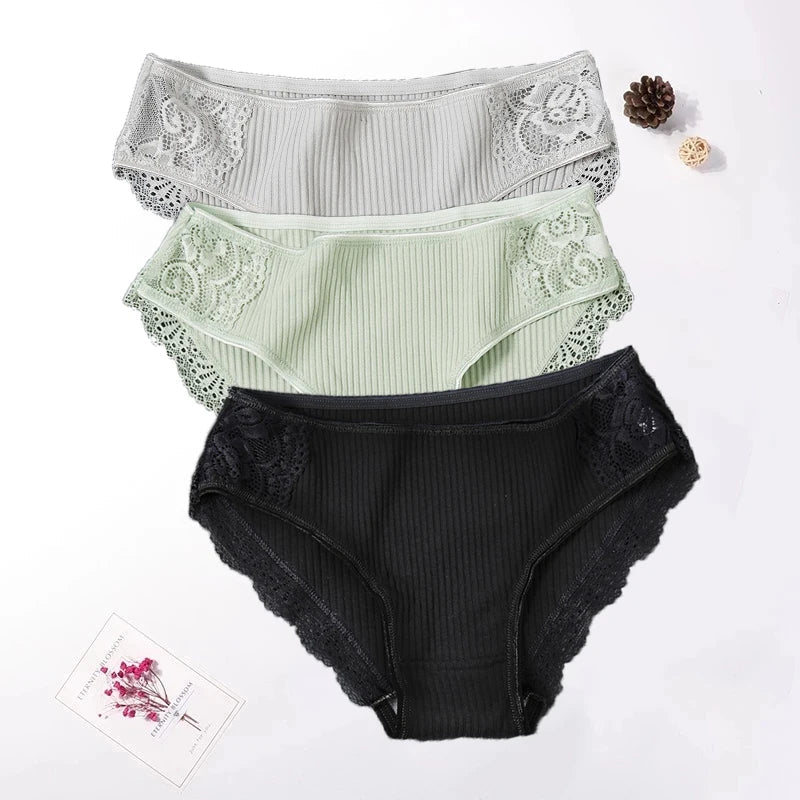 Floral Lace Cotton Women’s Panties - Comfortable Briefs, Solid Color Underwear, 3PCS/Set, Sizes M-XXL