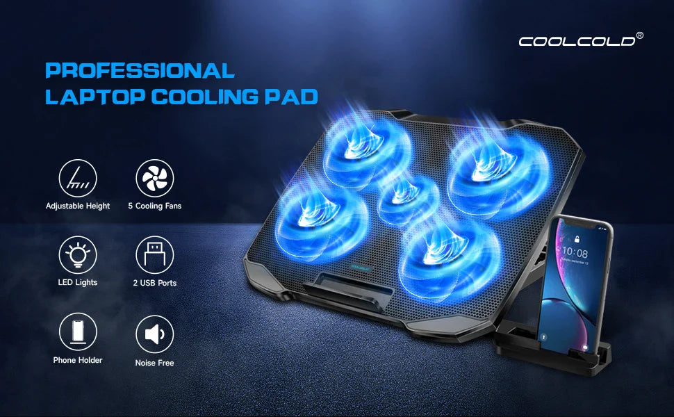 COOLCOOLD Laptop Cooling Pad - 12-17 Inch Laptop Cooler Stand with 5 Quiet Fans, 5 Adjustable Angles & Phone Holder