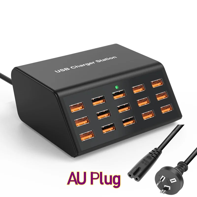 100W Desktop USB Charger — 15-Port Fast Charging Station for iPhone, iPad & Samsung Tablets