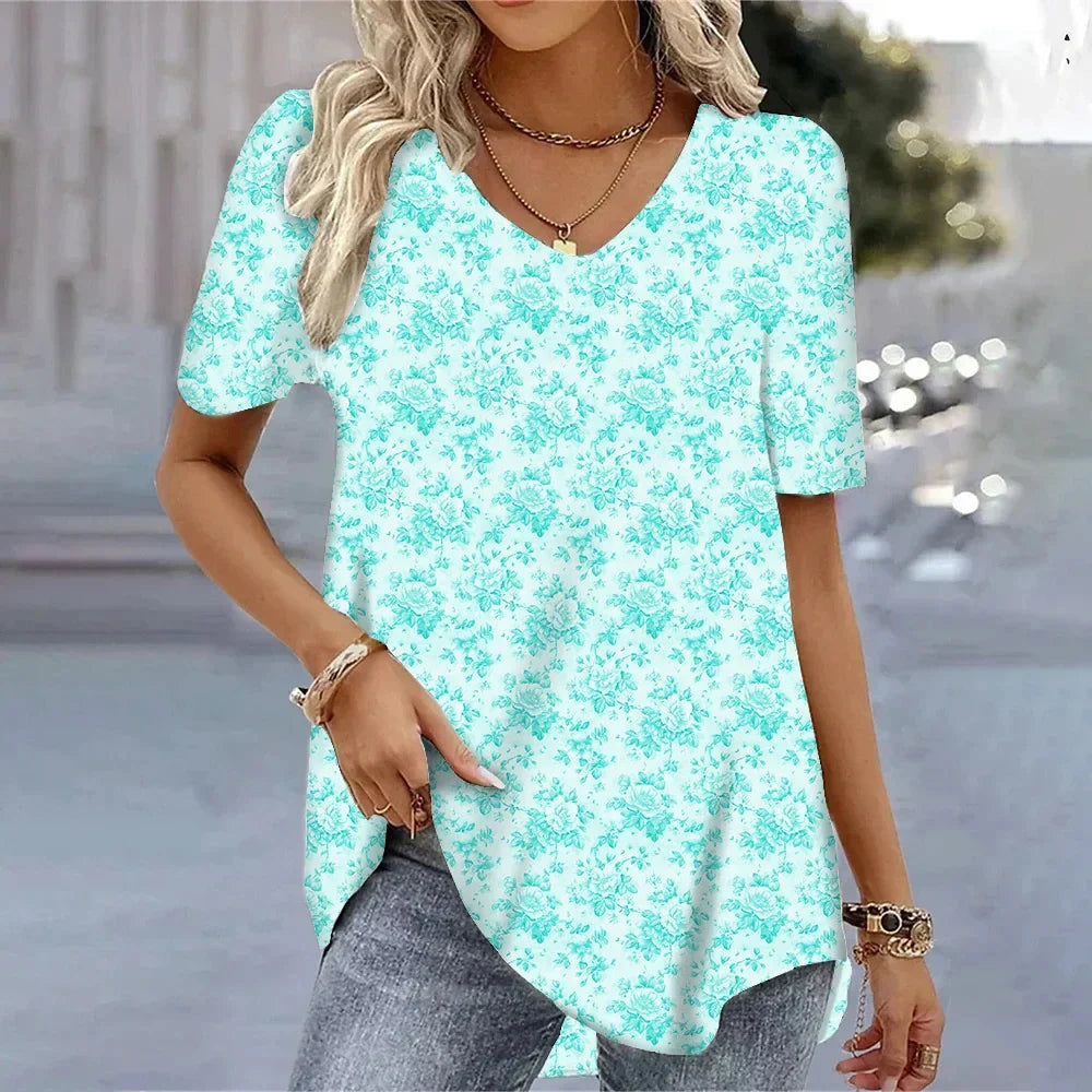 3D Floral Print T-Shirt - Women's Harajuku Casual Loose Fit Summer Crewneck Top
