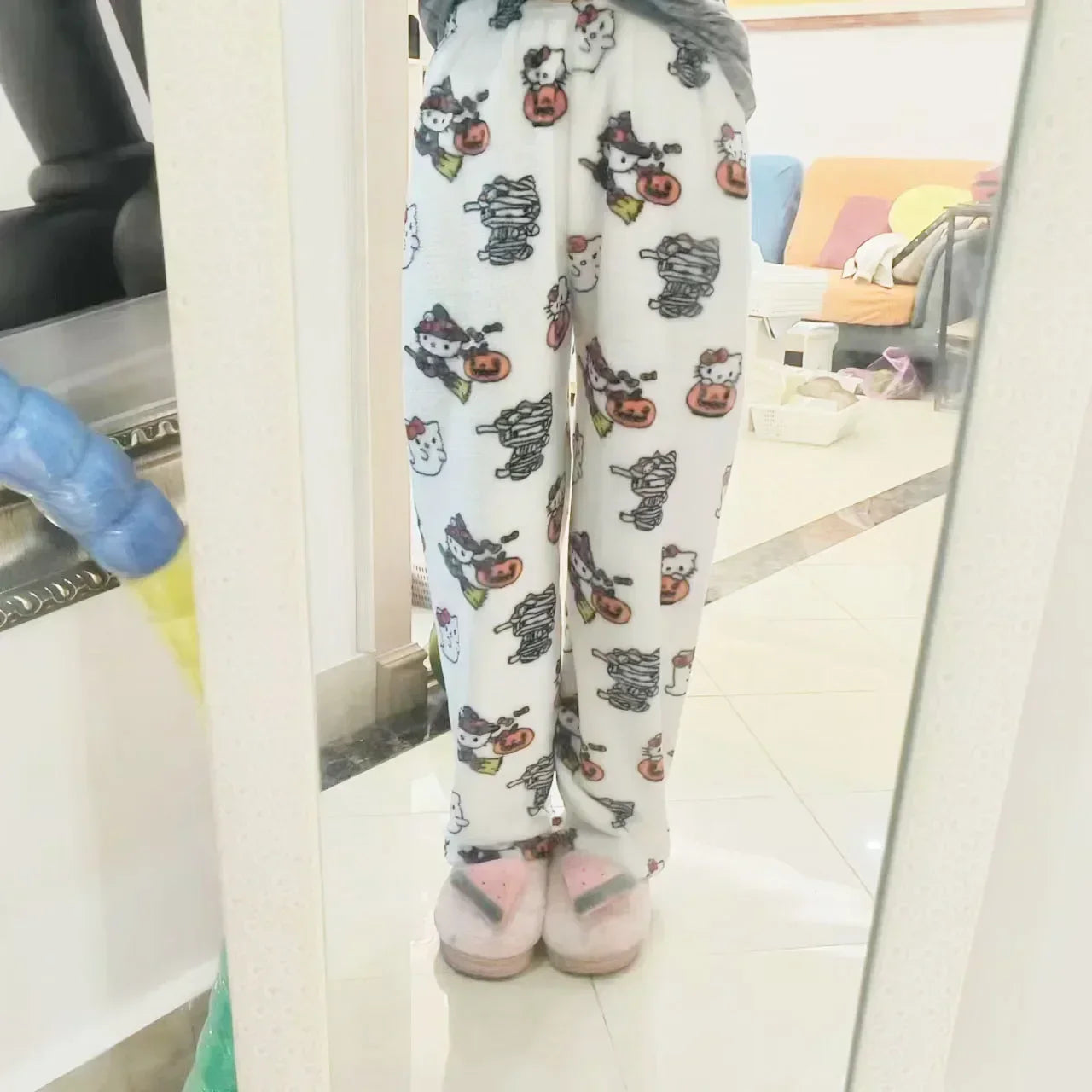 Thick Hello Kitty Fleece Pajama Pants – Soft Double Elastic Anime Trousers for Women, Cute Sanrio Birthday Gift